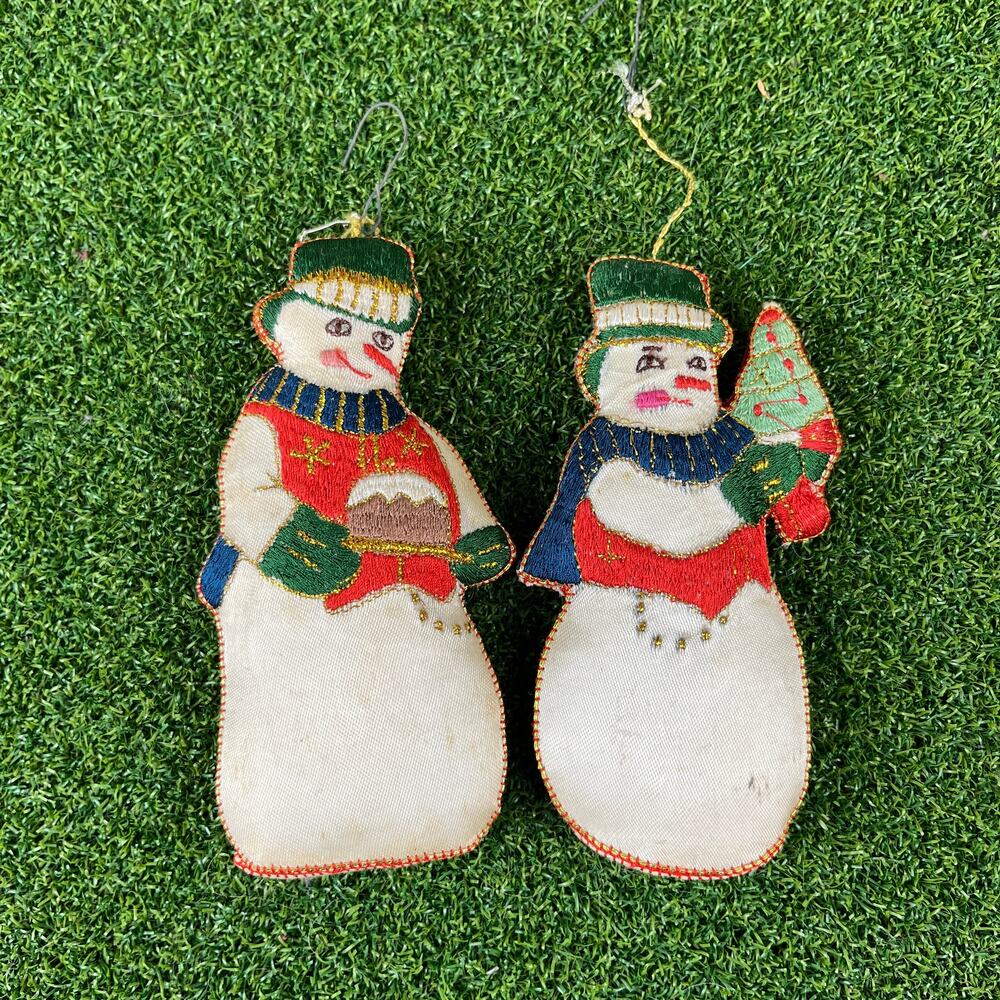 Vintage Lot Embroidered Fabric Felt Snowman Christmas Ornaments 5"